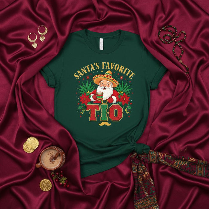 Santa's Favorite Tio Christmas T-Shirt, Funny Mexican Santa Sombrero Poinsettia Tee, Navidad Holiday Uncle Gift, Spanish English Mixed Text Xmas Shirt
