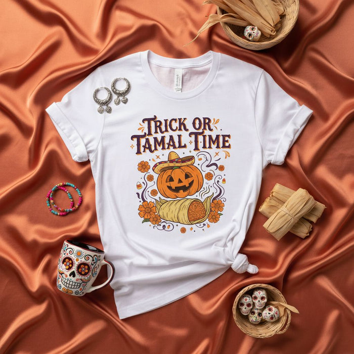 Trick or Tamal Time Halloween Shirt, Pumpkin Sombrero Tamale Graphic Tee, Day of the Dead Sugar Skull Mug, Unisex Fall Holiday Apparel