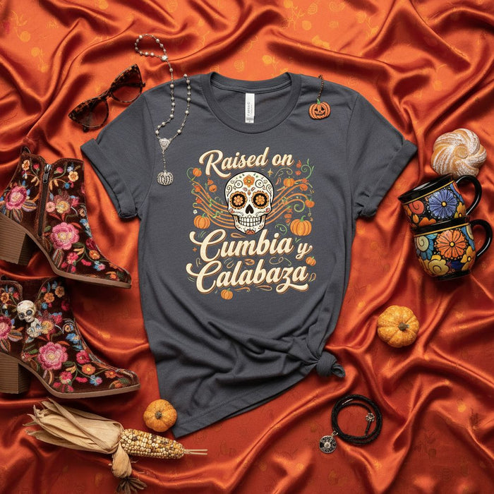 Raised on Cumbia y Calabaza T-Shirt, Día de Muertos Sugar Skull Shirt, Day of the Dead Tee, Hispanic Heritage Month, Halloween Pumpkin Fiesta Shirt, Unisex Fall Music Festival Gift