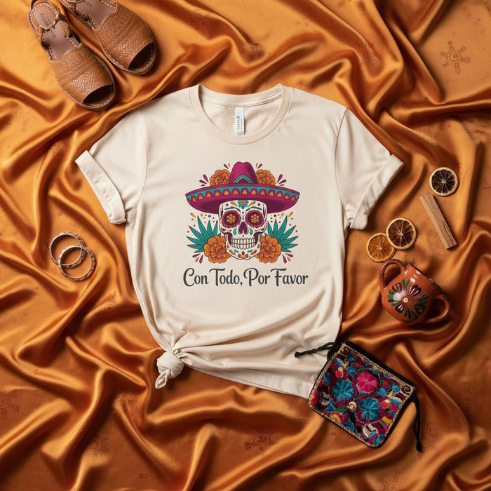 Con Todo, Por Favor Day of the Dead Sugar Skull Sombrero T-Shirt, Día de Muertos Floral Graphic Tee, Mexican Culture Celebration Unisex Shirt, Festive Holiday Apparel