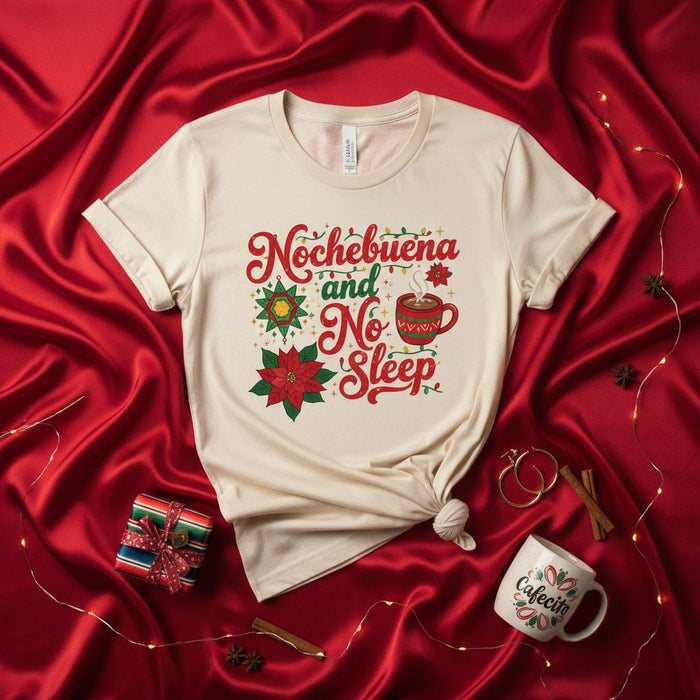 Nochebuena and No Sleep Cafecito Christmas Shirt, Festive Holiday Graphic Tee, Spanish-English Xmas Apparel, Poinsettia and Hot Chocolate Mug Design