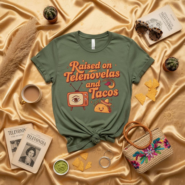 Raised on Telenovelas and Tacos Shirt, Funny Hispanic Culture T-Shirt, Retro Groovy Graphic Tee, Vintage Television Taco Lover Gift, Unisex Latine Apparel, Latino Pride Clothing