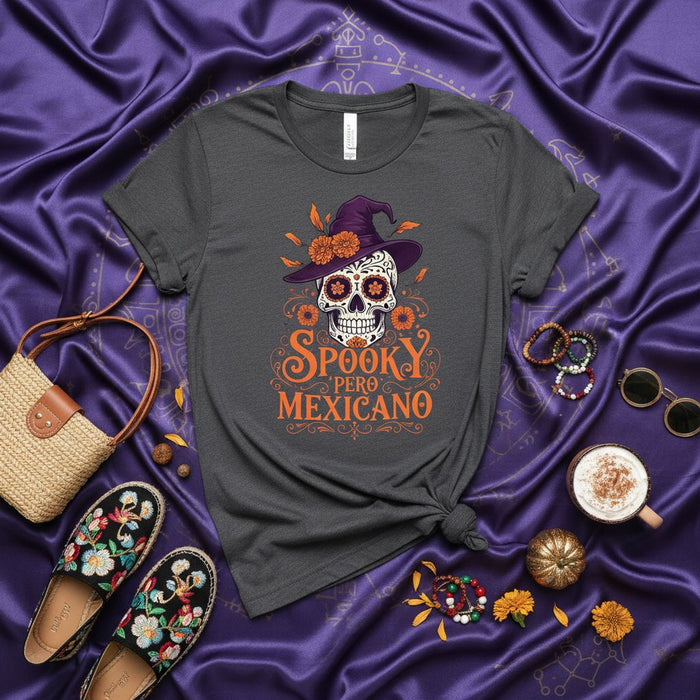 Spooky Pero Mexicano Shirt, Sugar Skull Witch Hat Day of the Dead Dia de Muertos Calavera Flowers T-shirt, Halloween Hispanic Heritage Gift Tee
