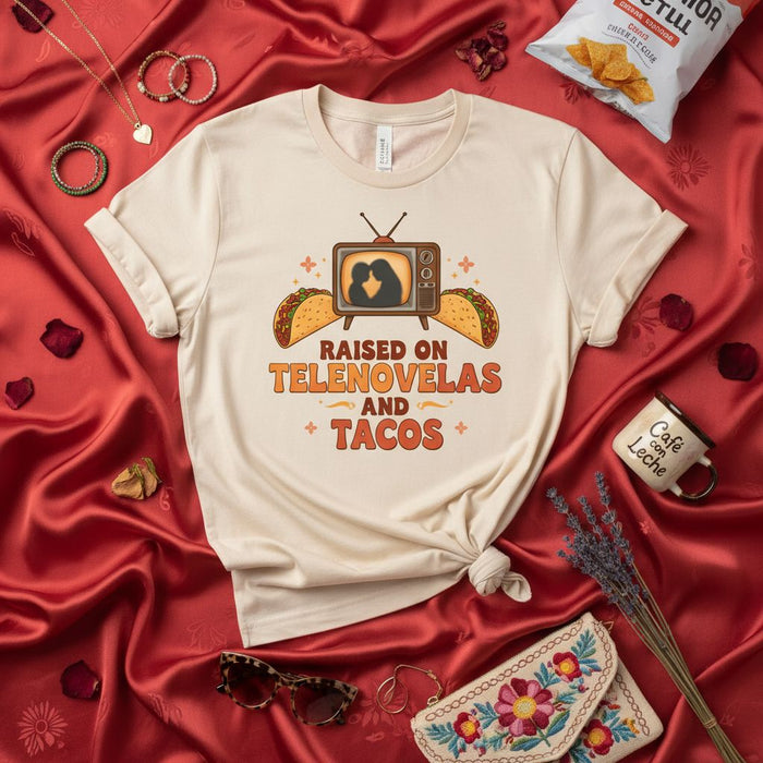 Raised on Telenovelas and Tacos Shirt, Vintage TV Kissing Couple Graphic Tee, Hispanic Heritage Gift, Latina Lifestyle Apparel, Spanish Soap Opera and Mexican Food Lover Unisex T-Shirt