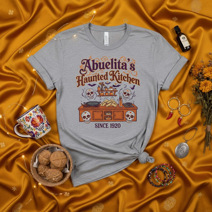 Abuelita's Haunted Kitchen Since 1920 T-Shirt, Spooky Day of the Dead Skull Halloween Tee, Unisex Dia de los Muertos Food Lover Shirt, Grandma's Cooking Gift Top