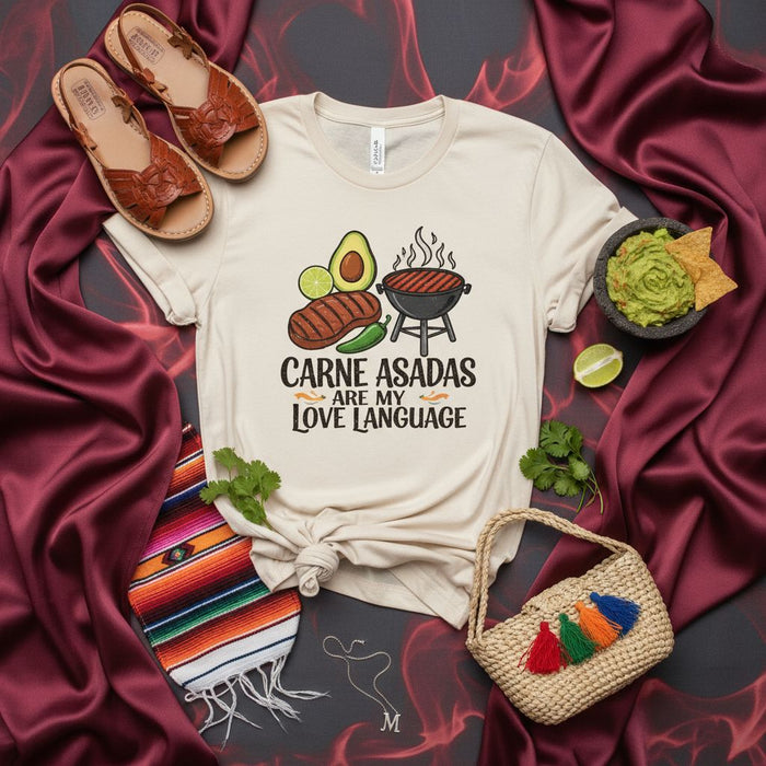 Maglietta "Carne Asada Is My Love Language", Divertente maglietta da barbecue messicano, T-shirt Fiesta alla griglia, Regalo per gli amanti del BBQ, Abbigliamento per il cookout estivo, Abbigliamento cultura ispanica, Maglietta grafica unisex per adulti