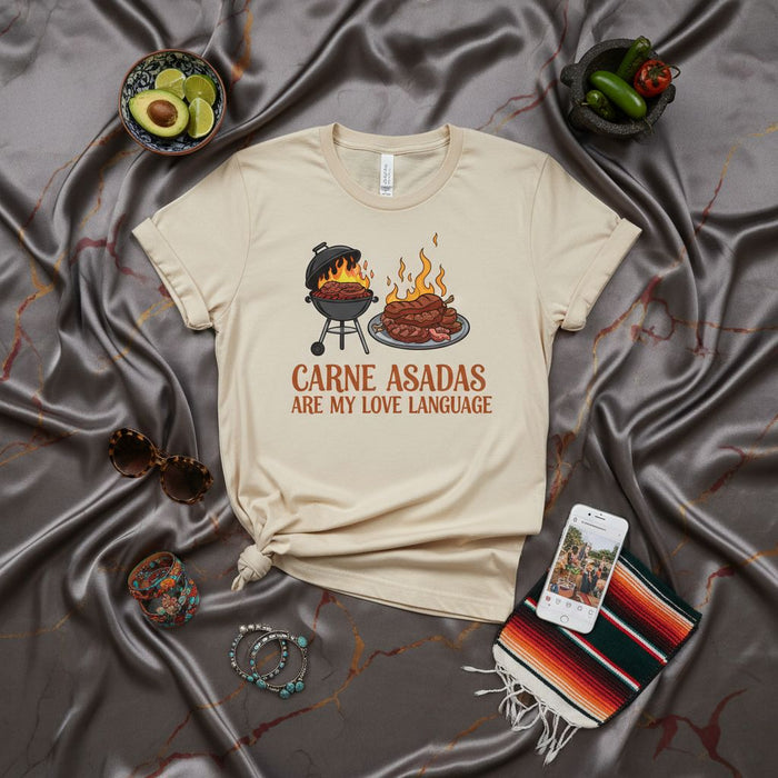 Carne Asadas Are My Love Language Shirt Funny Grill BBQ Lover Tee T-Shirt | Unisex Cookout Barbecue Gift Top with Charcoal Grill and Meat Design
