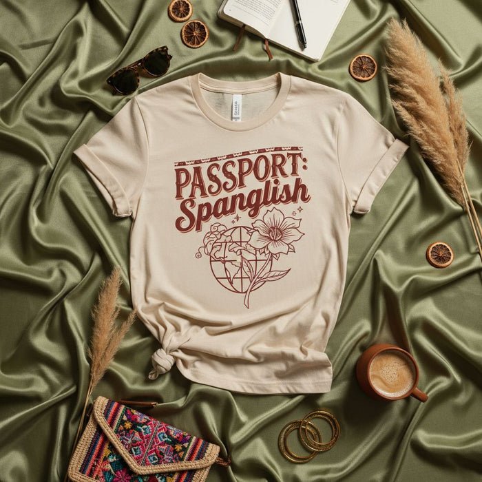 Passport: Spanglish T-Shirt, Bilingual Identity Shirt, Travel Globe Flower Graphic Tee, Unisex Latine Cultural Statement Apparel Gift