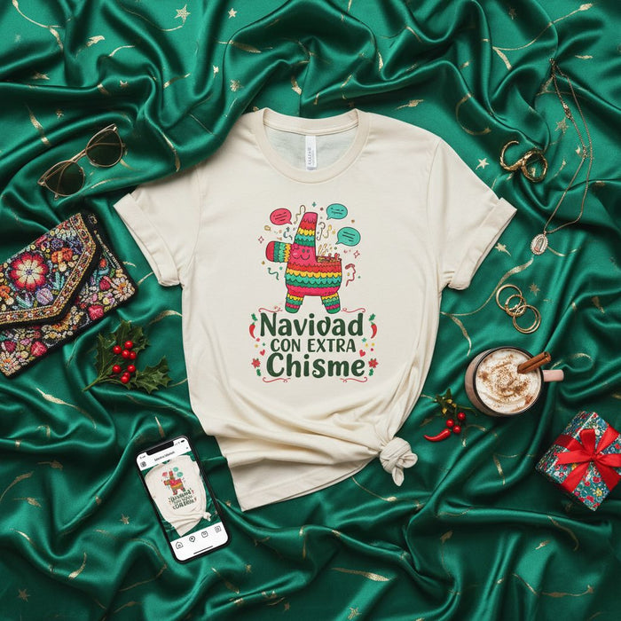 Navidad Con Extra Chisme Shirt, Funny Spanish Christmas Piñata Llama T-Shirt, Holiday Gossip Tee, Mexican Fiesta Xmas Gift, Unisex Spanish Saying Top