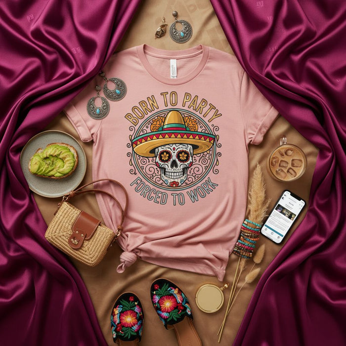 Born To Party Forced To Work T-Shirt, Day of the Dead Sugar Skull with Sombrero Graphic Tee, Cinco de Mayo Unisex Shirt, Fiesta Party Wear