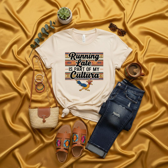 Running Late Is Part Of My Cultura Shirt, Funny Mexican Roadrunner Tee, Latina Humor Gift, Aztec Print Unisex Graphic T-Shirt, Cinco de Mayo Apparel
