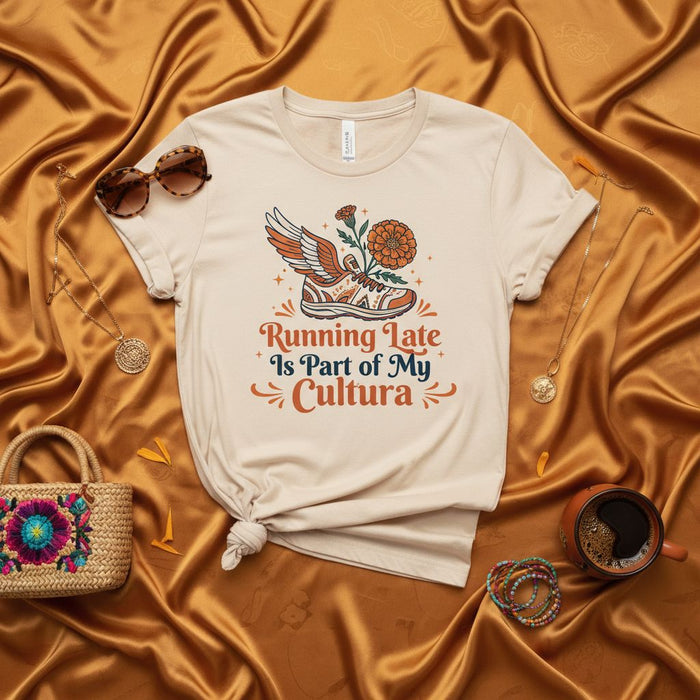 Running Late Is Part of My Cultura Shirt, Funny Latina Saying T-Shirt, Mexican Marigold Flower Sneakers Wings Graphic Tee, Spanish Heritage Gift, Unisex Softstyle Casual Top