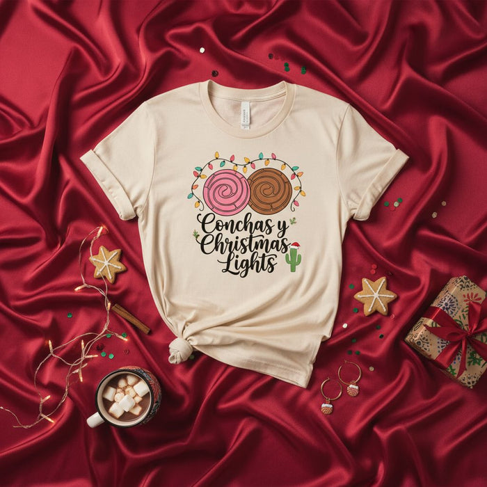 Conchas y Christmas Lights T-Shirt, Mexican Pan Dulce, Concha Bread Holiday Shirt, Unisex Xmas Lights Tee, Latinx Fiesta, Pastel Pink Brown Conchas