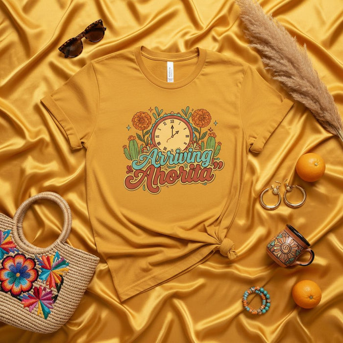 Arriving Ahorita T-Shirt, Funny Mexican Time Tee, Retro Clock Desert Flowers Graphic Shirt, Casual Unisex Gift for Punctually Challenged Friends