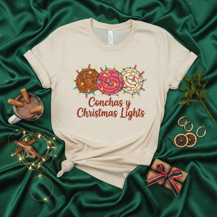 Conchas y Christmas Lights T-Shirt | Mexican Pan Dulce, Concha Bread, Holiday Lights, Christmas Pastry Shirt | Unisex Seasonal Tee Gift