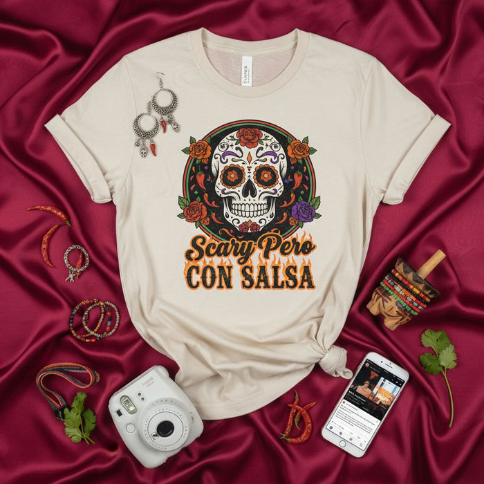 Scary Pero Con Salsa T-Shirt, Día de Muertos Sugar Skull Tee, Spooky Halloween Shirt, Calavera with Roses, Funny Spanish Phrase Unisex Top