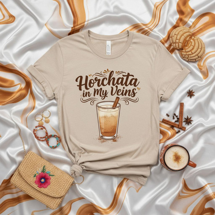 Camiseta Horchata En Mis Venas, Unisex, Bebida de Arroz con Canela, Regalo de Comida Mexicana, Ropa de Cultura Latinx, Manga Corta Beige Suave