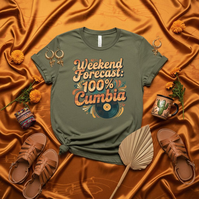 Weekend Forecast 100% Cumbia T-Shirt, Cumbia Dance Music Tee, Retro Latin Music Shirt, Vinyl Record Graphic T-Shirt, Unisex Cumbia Lover Gift, Salsa Merengue Bachata Dancing Shirt