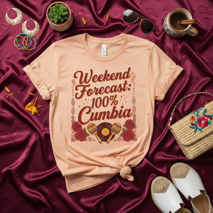 Weekend Forecast: 100% Cumbia T-Shirt, Cumbia Dance Music Tee, Retro Vinyl Record and Maraca Graphic Shirt, Funny Latin Music Festival Outfit, Unisex Summer Top, Short Sleeve Gift for Cumbia Lover