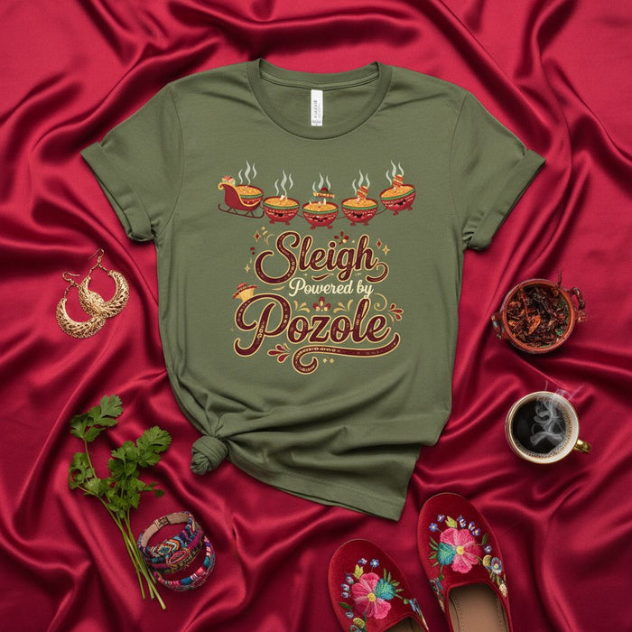 Sleigh Powered by Pozole Christmas T-Shirt, Funny Mexican Food Winter Holiday Tee, Tamales Men's and Women's Festive Apparel, Cinco de Mayo, Dia de Los Muertos, Cultural Foodie Gift Idea, Xmas Party Shirt
