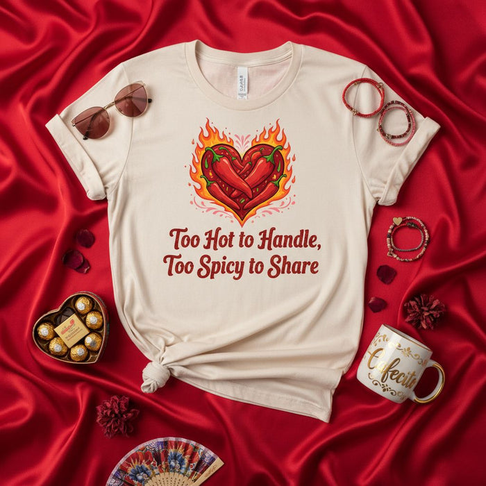 Too Hot to Handle Too Spicy to Share T-Shirt | Flaming Chili Pepper Heart Graphic Tee | Funny Valentine's Day Shirt | Spicy Food Lover Gift | Unisex Shirt for Couples | Hot & Fiery Design Apparel