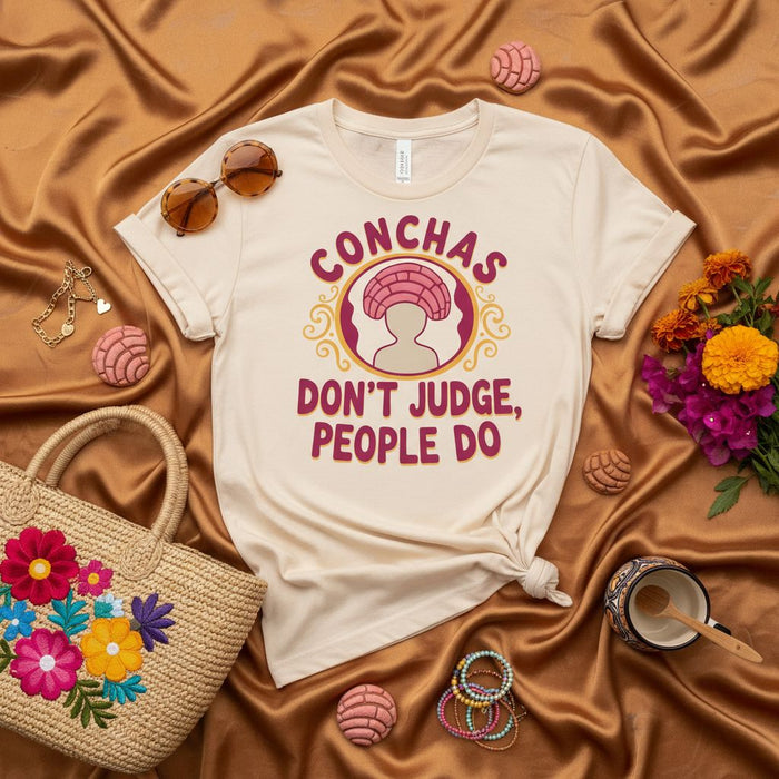 Conchas Don't Judge, People Do Shirt, Funny Mexican Pan Dulce Concha Lover T-Shirt, Pastel Pink Concha Graphic Tee, Unisex Hispanic Foodie Gift Top