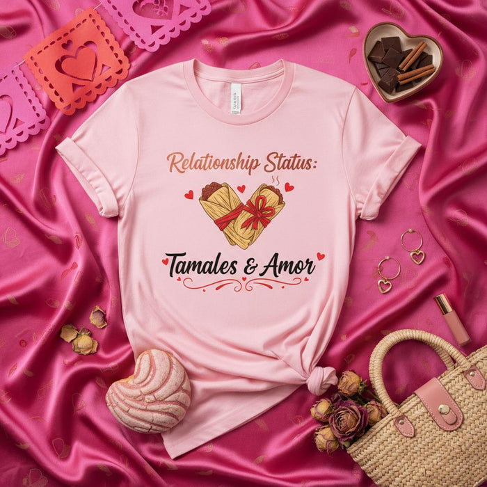 Relationship Status: Tamales & Amor T-Shirt, Funny Valentine's Day Shirt, Cute Heart-Shaped Tamales Graphic Tee, Día del Amor y la Amistad Gift, Sweet Pink Unisex Love Food Shirt for Couples and Singles