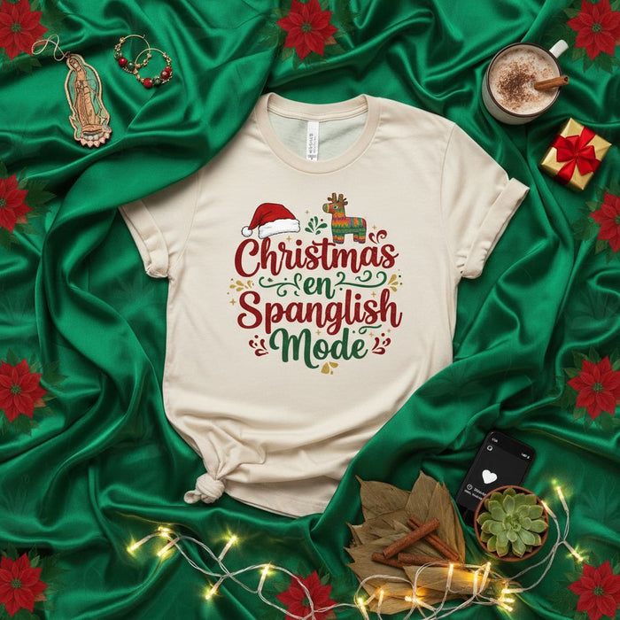 Christmas en Spanglish Mode T-Shirt, Funny Holiday Shirt, Latino Christmas Tee with Santa Hat and Piñata, Spanglish Christmas Party Shirt, Navidad en Spanglish Mode Unisex Tee