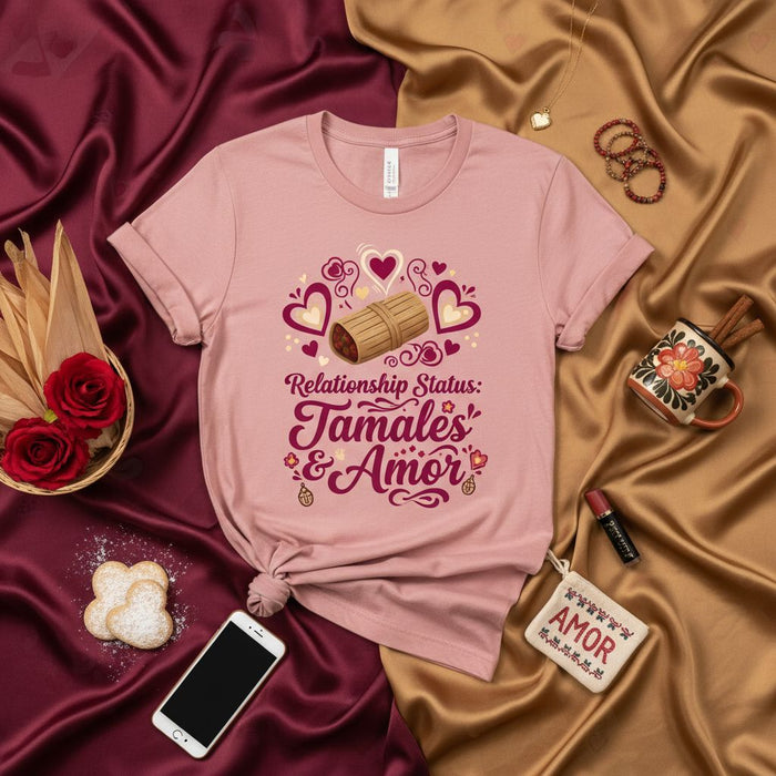 Relationship Status: Tamales & Amor T-Shirt, Funny Hispanic Food Love Tee, Cute Valentine's Day Shirt, Mexican Comfort Food Gift, Unisex Graphic Top with Hearts and Tamale Drawing