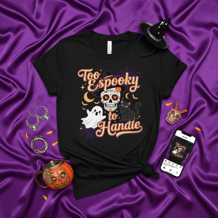 Too Spooky to Handle Halloween T-Shirt, Cute Skull Ghost Cat Graphic Tee, Unisex Spooky Season Shirt, Funny Trick or Treat Party Apparel, Black Witch Hat & Spider Web Design Top