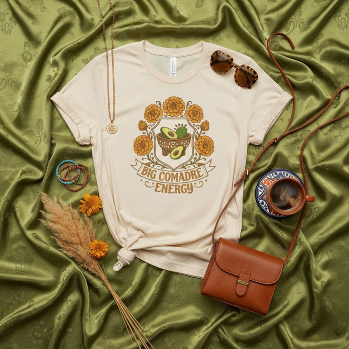 Big Comadre Energy T-Shirt Guacamole Molcajete Marigold Flowers Chicana Latina Shirt Unisex Cream Tee