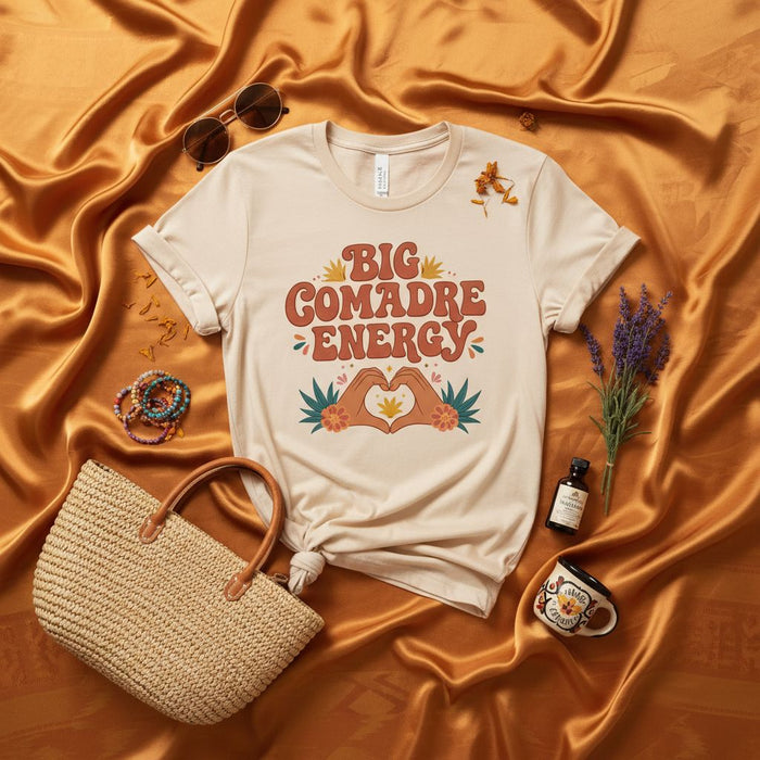 BIG COMADRE ENERGY T-Shirt, Funny Latina Shirt, Mexican Sisterhood Comadre Gift Tee, Women's Retro Groovy Graphic Top, Latinx Friend Gift Idea, Spanish Phrase T-shirt, Best Friend Comadre Shirt, Unisex T-shirt for Women, Comadre Power Tee