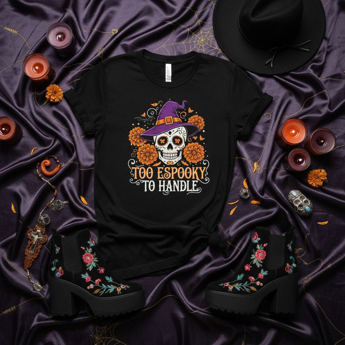 Too Espooky To Handle Sugar Skull Witch Hat Halloween T-Shirt, Day of the Dead Dia de Muertos Floral Skull Shirt, Spooky Season Unisex Black Tee