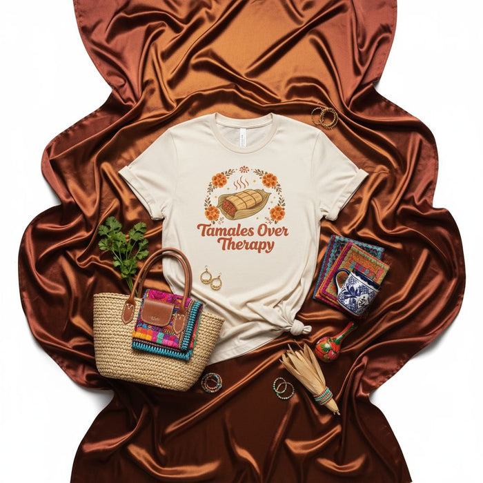 Tamales Over Therapy T-Shirt, Funny Mexican Food Tee, Fiesta Shirt, Tamale Lover Gift, Unisex Hispanic Heritage Month Graphic T-Shirt, Foodie Gift Idea