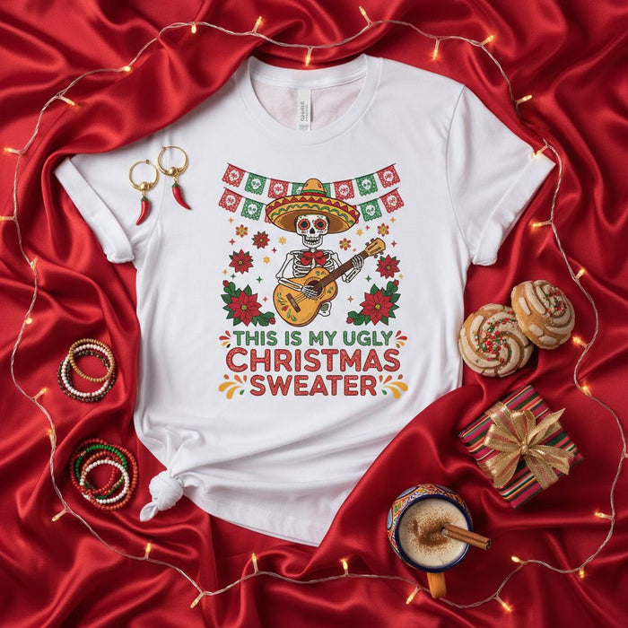 This Is My Ugly Christmas Sweater Mariachi Skeleton Sombrero Guitar Poinsettia Day of the Dead Themed Festive Holiday Graphic Unisex T-Shirt Tee