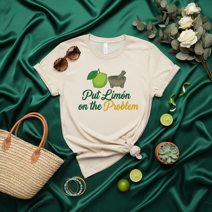 Put Limón on the Problem T-Shirt: Funny Hispanic Foodie Tee with Lime and Molcajete Graphic, Spanish Quote Shirt, Unisex Limón Lover Gift for Men & Women, Humorous Citrus Fruit Design Apparel