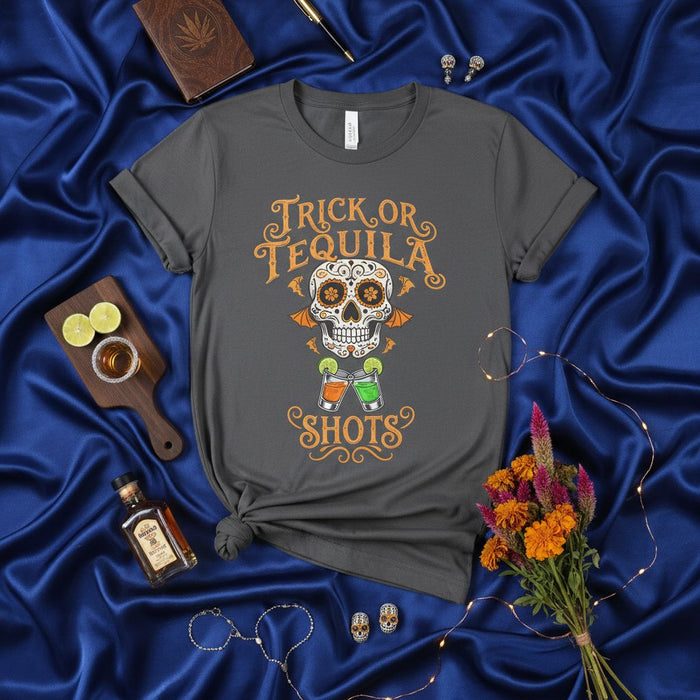 Trick or Tequila Shots Sugar Skull Halloween T-Shirt, Day of the Dead Shirt, Funny Drinking Party Tee, Dia De Muertos Graphic Top for Men and Women