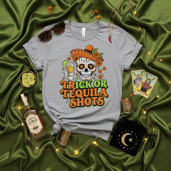 Trick or Tequila Shots Sugar Skull Dia De Los Muertos Halloween T-Shirt, Funny Drinking Mariachi Skeleton, Mexican Day of the Dead Costume Party Tee, Cinco de Mayo Festive Graphic Shirt, Unisex Adult Apparel Gift