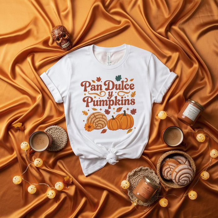 Pan Dulce y Pumpkins T-Shirt, Fall Season Shirt, Concha Bread Mexican Food Tee, Autumn Vibes, Halloween Gift, Unisex Graphic Top