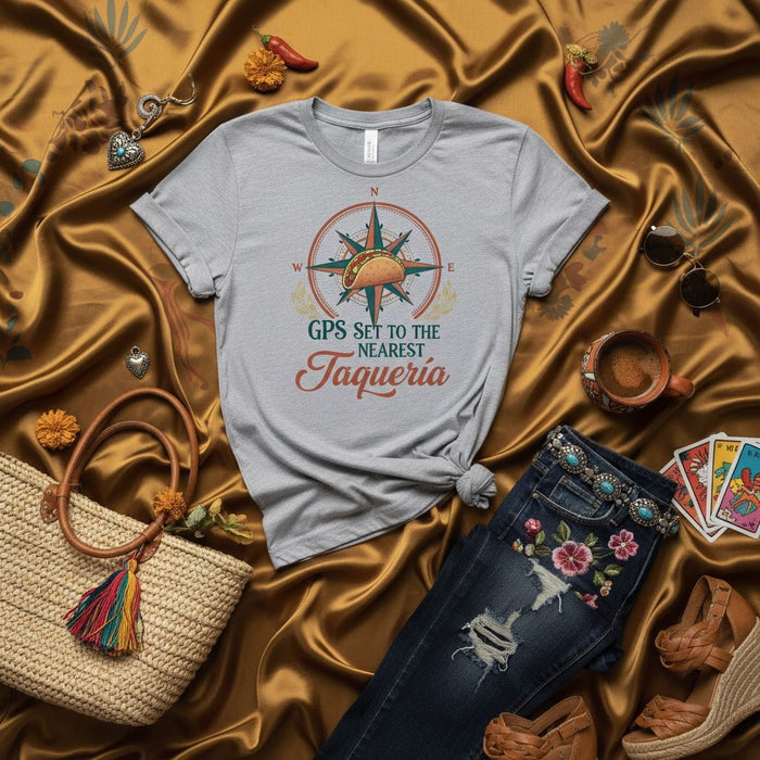 GPS impostato sulla Taquería più vicina Divertente Maglietta Bussola Taco, T-Shirt Unisex per Amanti del Taco, Regalo per Amanti del Cibo Messicano, Maglietta Grafica Vacanza per Foodie