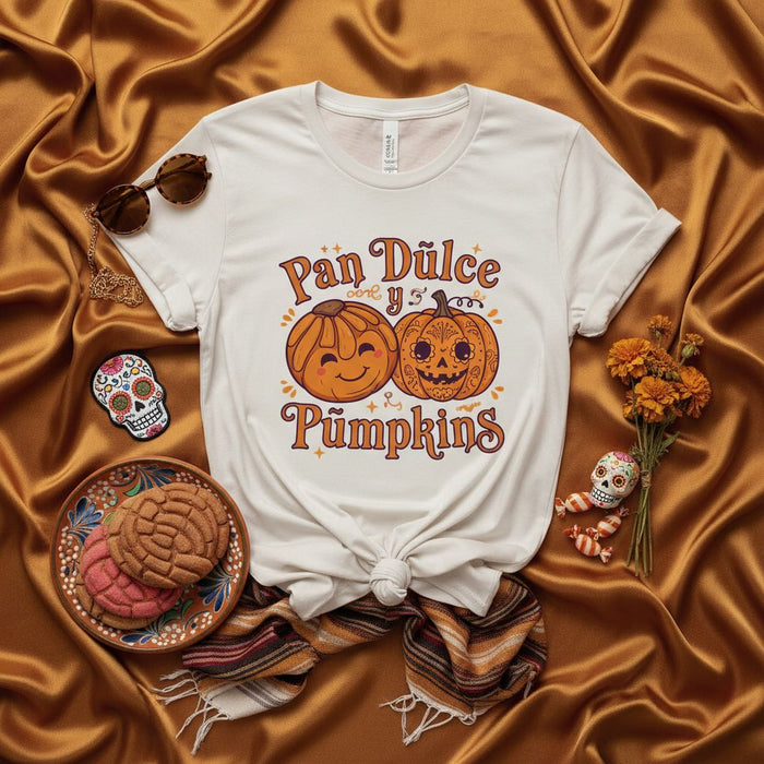 Pan Dulce and Pumpkins Spooky Cute Halloween T-Shirt, Concha Pan de Muerto Graphic Tee, Dia de Muertos Sugar Skull Shirt, Fall Bakery Lover Gift, Unisex Short Sleeve Shirt
