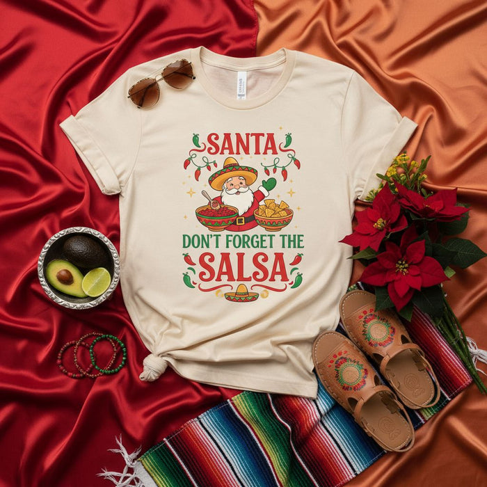 Santa Don't Forget The Salsa Shirt Funny Christmas Cinco de Mayo Fiesta Tee | Mexican Food Lover Holiday T-Shirt | Santa Sombrero Avocado Poinsettia Graphic Unisex Gift Top