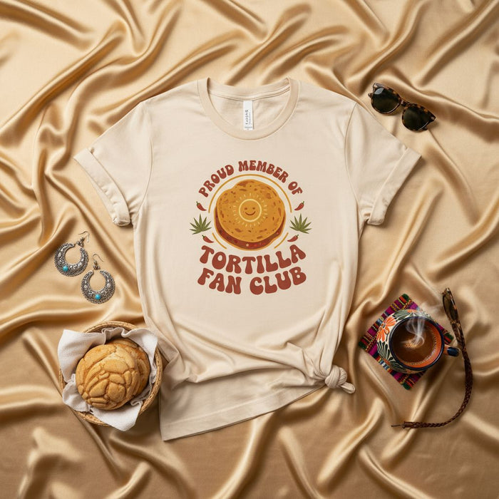PROUD MEMBER OF TORTILLA FAN CLUB T-Shirt, Funny Foodie Tee, Mexican Comfort Food Gift, Sun Tortilla Graphic Shirt, Unisex Graphic T-shirt for Taco Lover, Burrito Enthusiast Apparel, Aesthetic Groovy Style Tee