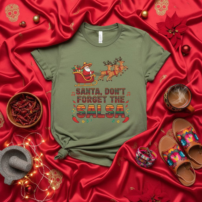 Santa, Don't Forget the Salsa T-Shirt, Funny Mexican Christmas Shirt, Unisex Holiday Fiesta Tee, Sarcastic Xmas Gift Idea, Cute Latin Reindeer Santa Sleigh Top