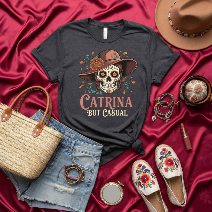Catrina But Casual T-Shirt, Día de los Muertos Sugar Skull Shirt, Day of the Dead Catrina Outfit, Casual Calavera Tee, Mexican Folk Art Inspired Skull Shirt, Floral Hat Design Unisex Top