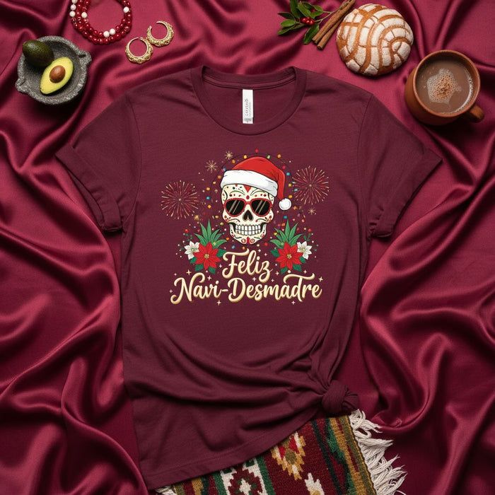 Feliz Navi-Desmadre Sugar Skull Santa T-Shirt, Funny Merry Christmas Holiday Tee, Day of the Dead Calavera Xmas Shirt, Poinsettia Fireworks Unisex Apparel Gift
