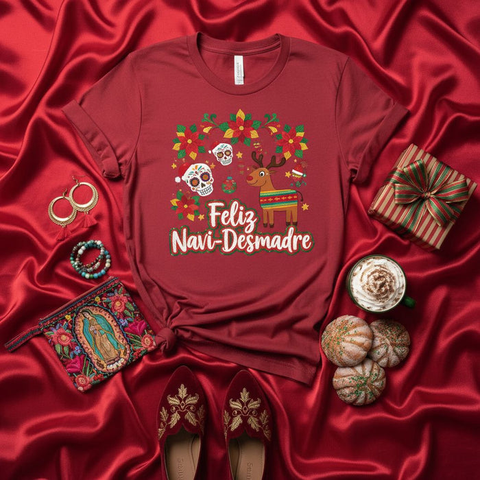 Feliz Navi-Desmadre Sugar Skulls Reindeer Piñata Christmas Shirt, Funny Spanish Holiday T-Shirt, Mexican Fiesta Navidad Tee, Poinsettias and Calaveras Unisex Gift Top