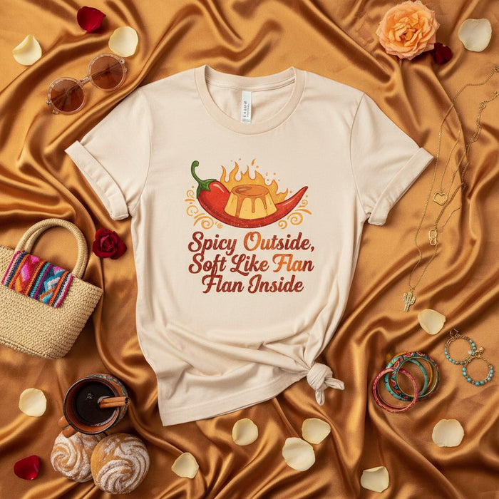 Spicy Outside Soft Like Flan Flan Inside T-Shirt with Chili and Custard Dessert Graphic, Funny Hispanic Heritage Shirt, Mexican Food Lover Gift, Unisex Crewneck Tee
