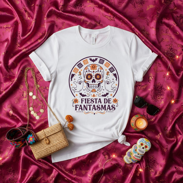 Camiseta Calavera Azúcar Día de Muertos Fiesta de Fantasmas, Estampado Gráfico Fantasma Halloween, Playera Unisex Fiesta Día de Muertos, Ropa Festiva de Temporada
