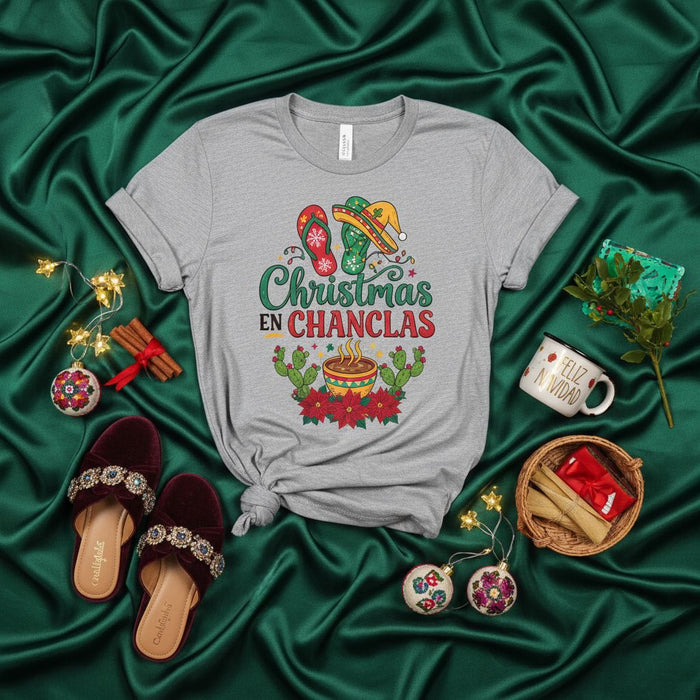 Christmas en Chanclas Funny Mexican Holiday Shirt with Sombrero Flip Flops Cactus Poinsettia Cocoa Mug Tamales, Spanish English Spanglish Festive Tee, Unisex Christmas Gift Idea